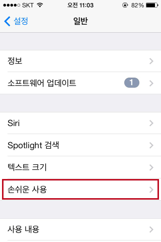 손쉬운 사용 메뉴 사용 화면