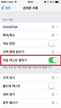 자동 텍스트 말하기 설정 화면