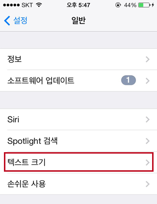 텍스트 크기 설정 화면