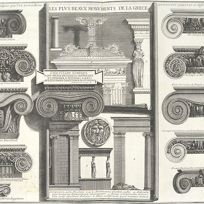 Various Roman Ionic capitals compared with Greek examples from Le Roy [S. Maria in Trastevere, S. Paoplo fuori le Mura, S. Clemente, etc.], from Della Magnificenza e d'Architettura de'Romani (On the Grandeur and the Architecture of the Romans by Gio. Ba..