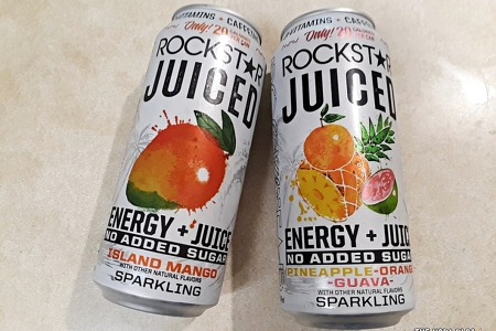 무설탕 저칼로리 에너지 드링크 Rockstar Juiced Energy Drink 2 종류 Island Mango와 Pineapple-Orange-Guava