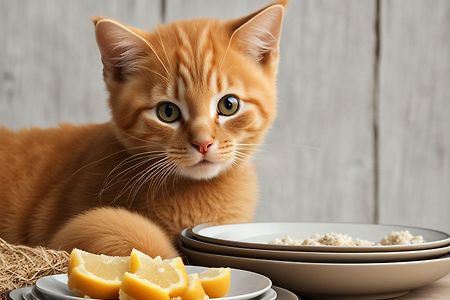 먹이를 앞에 둔 갈색 고양이 (무료 이미지)