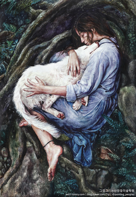 [인물·인체수채화 / 학생작] 숲 속에서 흰 개를 안고 있는 여성