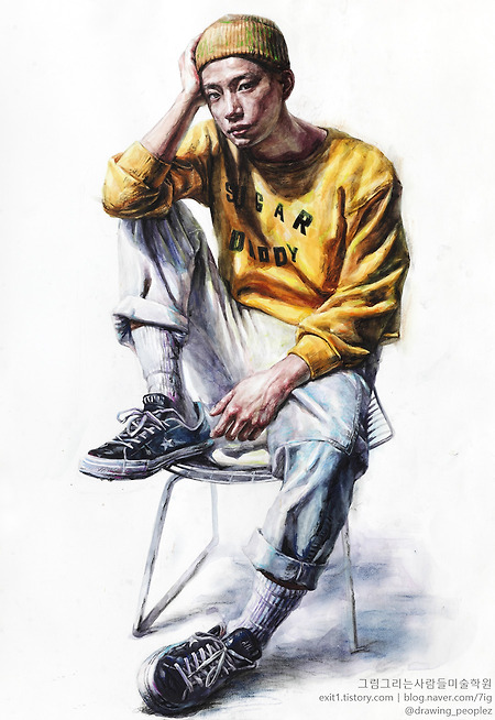 [인체·인물색채소묘 / 학생작] 노란색 맨투맨 티셔츠, 흰색 바지, 녹색 비니모자를 쓴 남성