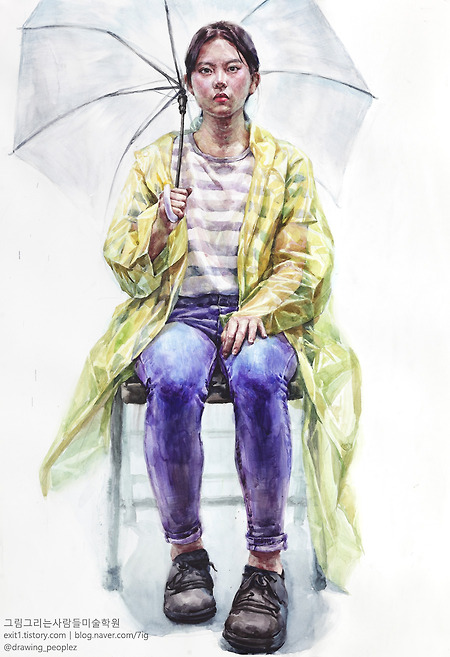 [인체·인물수채화 / 학생작] 노란색 우비, 줄무늬 티셔츠, 청바지를 입고 우산을 든 여성