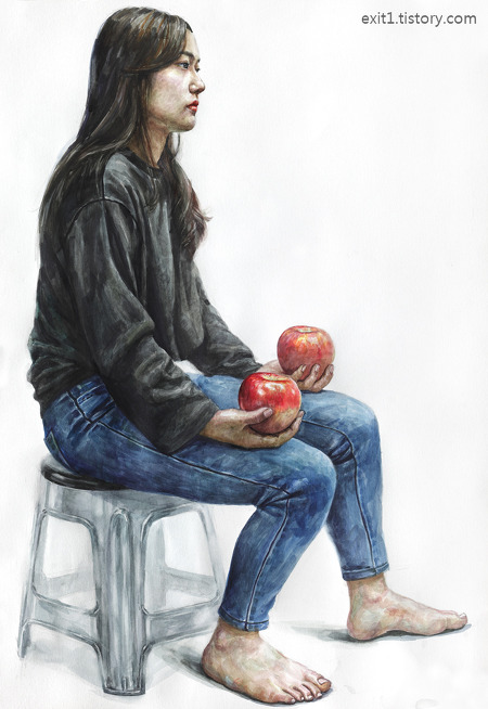 [인체·인물수채화 / 학생작] 사과 2개를 들고 있는 여성