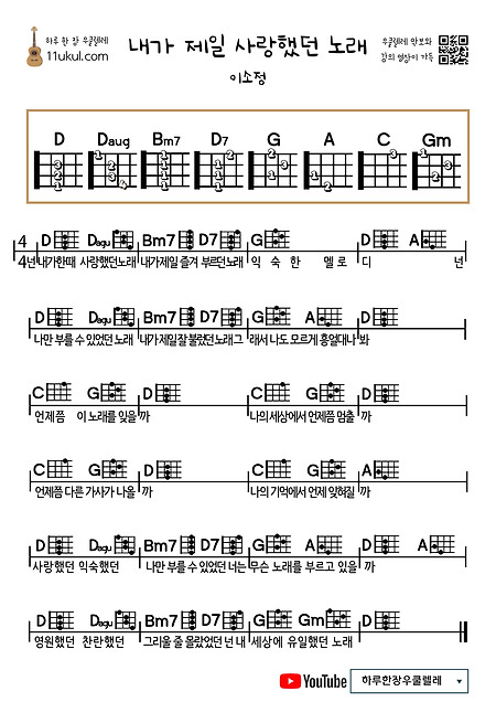 내가 제일 사랑했던 노래(이소정) 우쿨렐레 쉬운 코드 악보 The song I loved the most (Lee So-jung) Ukulele Easy chord sheet music