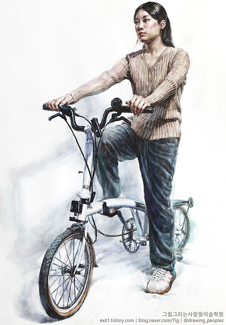 [인물·인체수채화 / 학생작] 갈색 니트, 청바지를 입고 자전거를 탄 여성