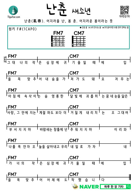 난춘(새소년) 쉬운 기타 코드 악보 Nanchun (SE SO NEON) Easy Guitar Chord Sheet Music