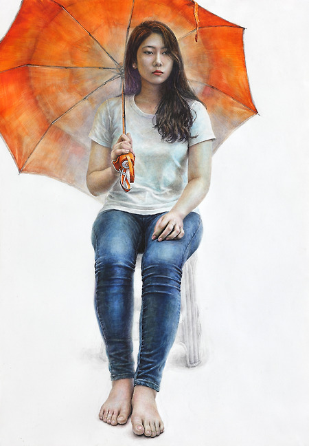 [인물·인체수채화 / 과정작] 흰티, 청바지를 입고 주황색 우산을 든 여성