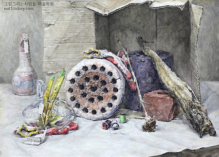 [정물수채화] 연탄, 종이박스, 북어, 벽돌, 꽃, 유리병, 목장갑, 분무기