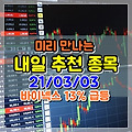 미리 만나는 내일 주식 종목 추천 (21/03/03) 오늘 바이넥스 13% 급등 - 신성이엔지,한온시스템,한섬,KT,TS인베스트먼트,코리안리,아모그린텍,덱스터,AJ네트웍스,우리산업