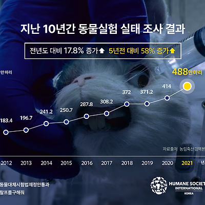 HSI... "매년 증가하는 동물실험, 작년에는 전체 실험동물 절반이 극심한 고통 견뎌"