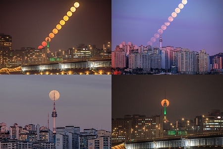 보름달 월출 남산타워에 걸다.