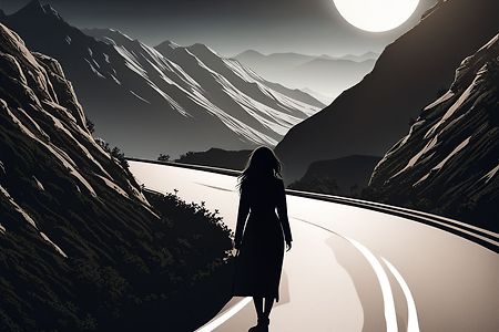 으슥한 산길, 밝은 달빛, 홀로 걷는 여자 실루엣 그림자 (무료 이미지)