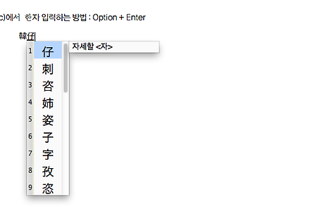 맥 한자, '한자 입력 및 변형' - 한자키 단축키 이용법