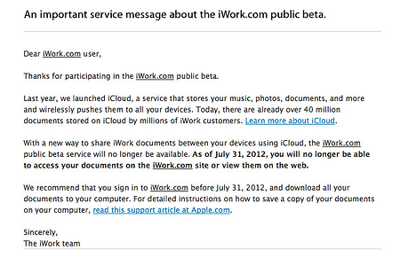 iWork.com 서비스 폐쇄, 애플 iCloud 서비스로의 이전 안내