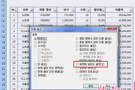 엑셀 행열숨기기 필터기능 후 화면에 보이는 부분만 복사하는 방법
