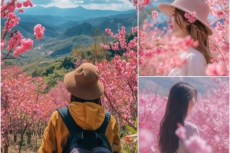 벚꽃 구경 등산 / 핑크 벚꽃잎과 모델 무료 이미지 | Cherry Blossom Tour Hiking