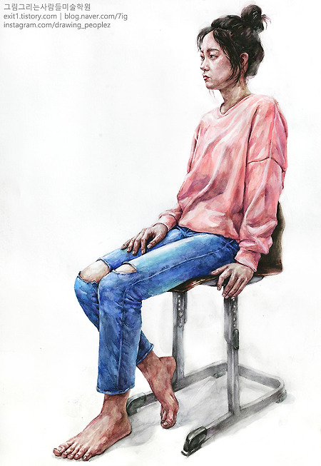 [인체·인물수채화 / 학생작] 분홍색 상의, 청바지를 입은 여성