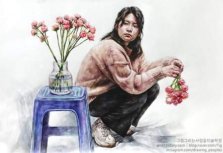 [인물·인체수채화 / 학생작] 갈색 니트, 검정 바지를 입고 꽃을 든 여성