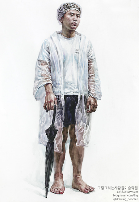 [인물·인체수채화 / 학생작] 투명 우비, 반바지를 입고 파마비닐을 쓴 남성
