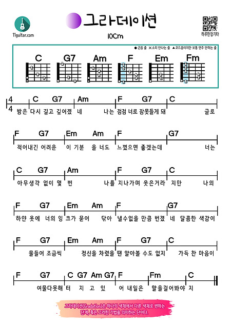그라데이션(10CM) 쉬운 기타 코드 악보