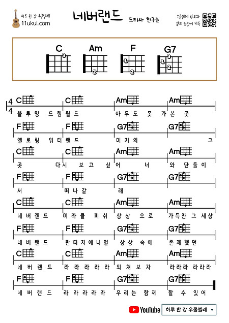 네버랜드(도티와 친구들) 우쿨렐레 쉬운 코드 악보 Neverland (Dottie and Friends) Ukulele Easy chord sheet music