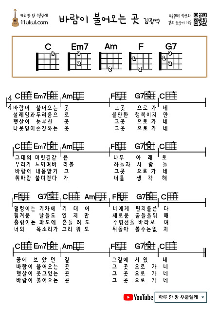 바람이 불어오는 곳(김광석) 우쿨렐레 쉬운 코드 악보 (연주 영상) Where the Wind Blows (Kim Kwang-seok) Ukulele Easy Chord Sheet Music (Performance Video)