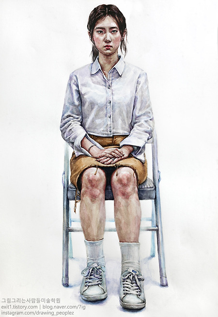[인물·인체수채화 / 학생작] 흰색 셔츠, 베이지색 치마를 입은 여성