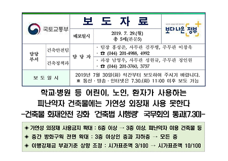 피난약자 건축물에 가연성 외장재 사용 못한다