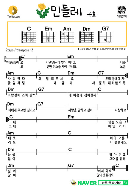 민들레(우효) 쉬운 기타 코드 악보 Dandelion (Woohyo) Guitar Easy Chord Sheet Music