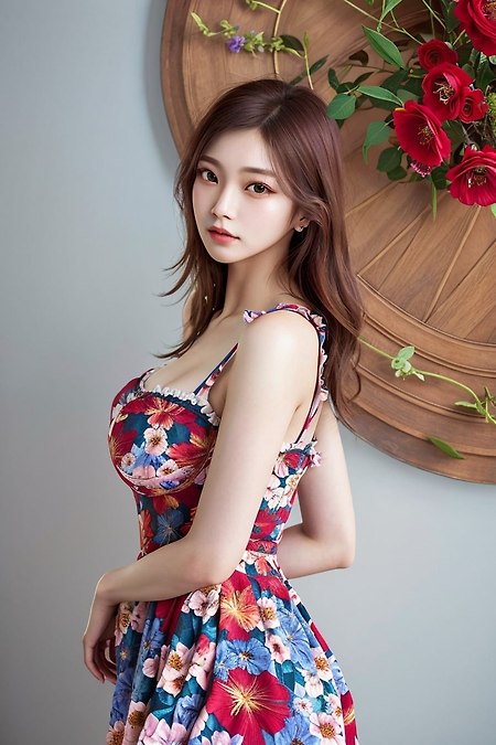 귀여운 스타일의 꽃무늬 선드레스 입은 여자 AI 사진 그림