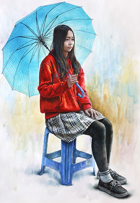 [인물·인체수채화/과정작] 우산을 든 여성, 후드티, 레깅스, 체크무늬 치마