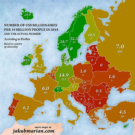 유럽 각국 천만명당 억만장자 숫자
