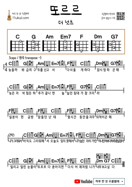 또르르(더 넛츠) 우쿨렐레 쉬운 코드 악보 Torr (The Nuts) Ukulele Easy chord sheet music