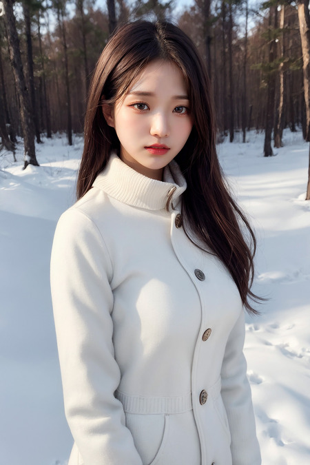 AI로 생성한 겨울 숲 속에서 코트를 입은 여성의 모습 - 3