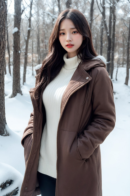 AI로 생성한 겨울 숲 속에서 코트를 입은 여성의 모습 - 2
