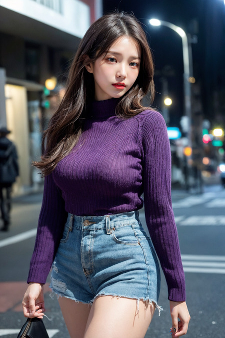 AI로 생성한 도심 거리에서 보라색 스웨터를 입은 여성 - 2