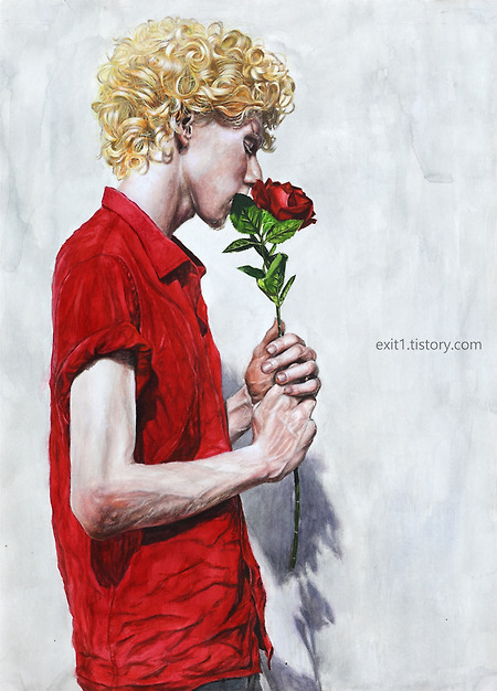 [인체·인물수채화 / 수강생작] 빨간 셔츠를 입고 장미를 들고 있는 금발의 남성
