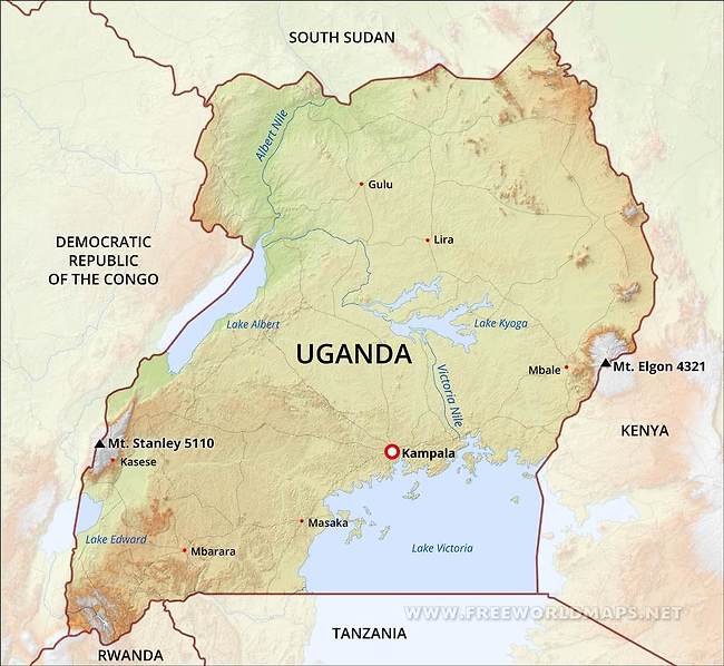 우간다 지도 자세히 살펴보기 (우간다 구글맵 여행지도 한글지도 위성도 지형도 인구밀도지도 우간다 크기 비교)